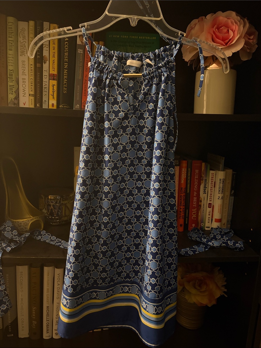 Blue Patterned Blouse with Striped Border